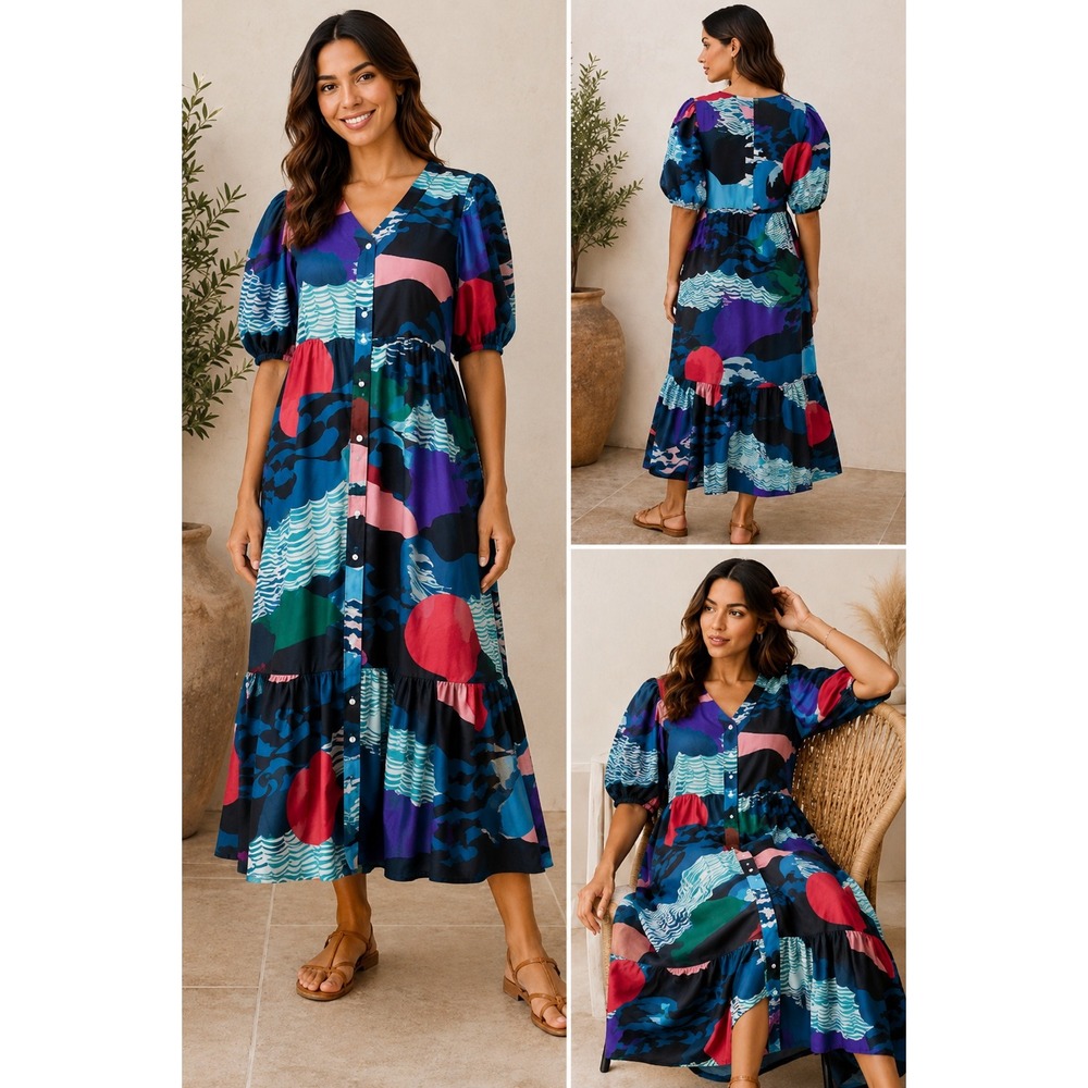 Oliphant Button Front Dress Pacifica Black Tiered Maxi XS Abstract Print Cotton